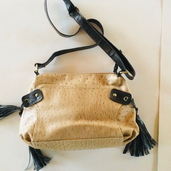 Bueno Handbags - Bueno Tan & Black Shoulder Patent Handbag Fringe Tassels